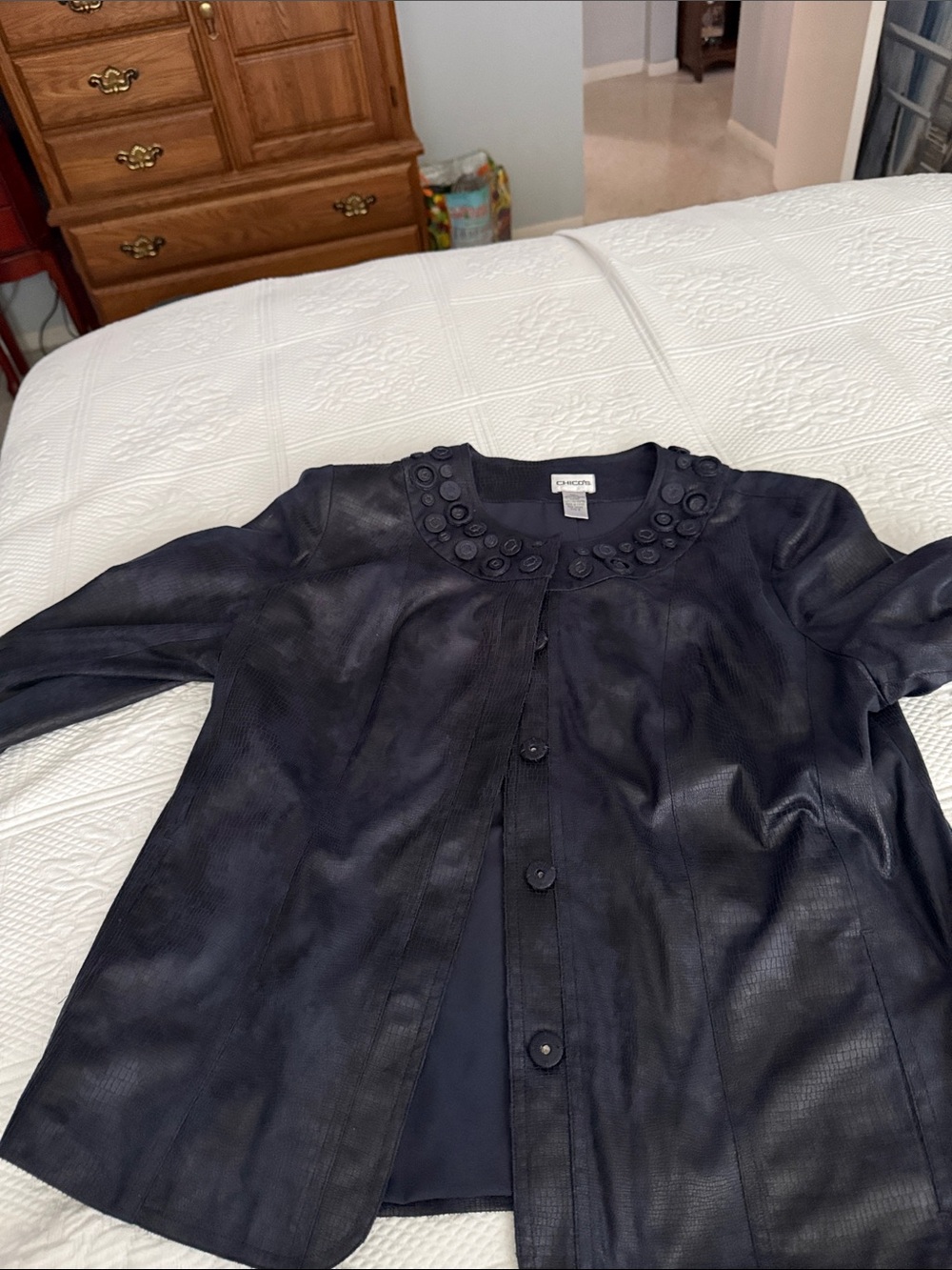 Chico's Dark Navy Textured Button-Detail Jacket